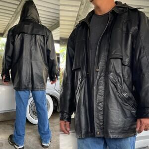 🔥Vintage 90s Charles Klein Detachable Hooded Liner Genuine Leather Jacket XL